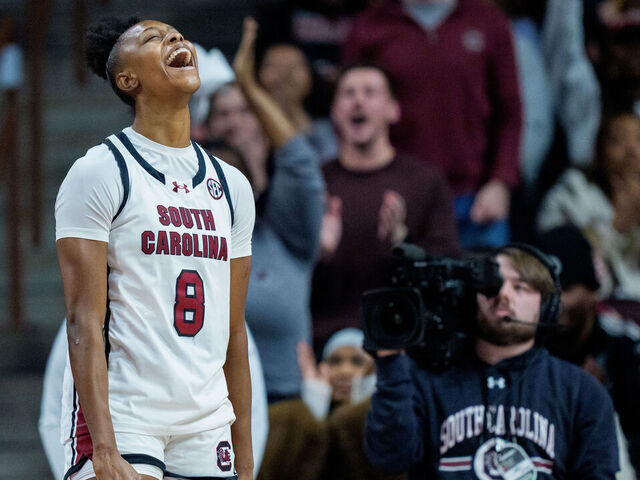COLUMBIA, SOUTH CAROLINA - JANUARY 25: Joyce Edwards #8 of the South Carolina Gamecocks reacts in the second half against the Vanderbilt Commodores during their game at Colonial Life Arena on January 25, 2026 in Columbia, South Carolina.