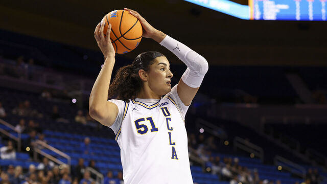 LOS ANGELES, CALIFORNIA - JANUARY 21: Lauren Betts #51 of the UCLA Bruins looks to make a pass during the first half against the Purdue Boilermakers at UCLA Pauley Pavilion on January 21, 2026 in Los Angeles, California.