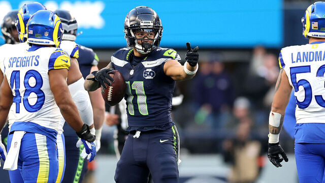 SEATTLE, WASHINGTON - JANUARY 25: Jaxon Smith-Njigba #11 of the Seattle Seahawks celebrates a first down during the second quarter against the Los Angeles Rams in the NFC Championship game at Lumen Field on January 25, 2026 in Seattle, Washington.