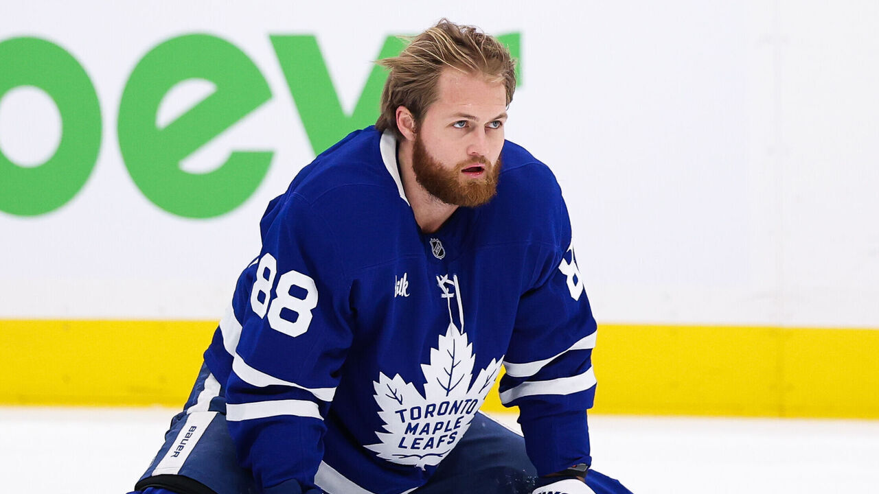 TORONTO, CANADA - JANUARY 10: William Nylander #88 of the Toronto Maple Leafs stretches before the game against the Vancouver Canucks at Scotiabank Arena on January 10, 2026 in Toronto, Ontario, Canada.