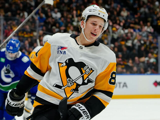 VANCOUVER, CANADA - JANUARY 25: Ben Kindel #81 of the Pittsburgh Penguins celebrates after scoring a goal against the Vancouver Canucks during the second period of their NHL game at Rogers Arena on January 25, 2026 in Vancouver, British Columbia, Canada.