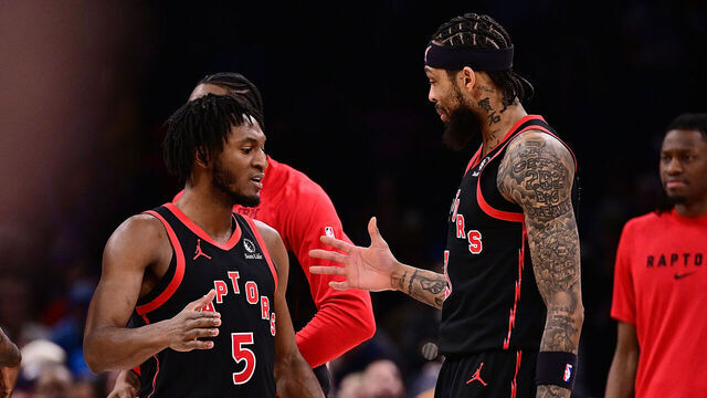 OKLAHOMA CITY, OKLAHOMA - JANUARY 25: Immanuel Quickley #5 and Brandon Ingram #3 of the Toronto Raptors celebrate during the second half against the Oklahoma City Thunder at Paycom Center on January 25, 2026 in Oklahoma City, Oklahoma.