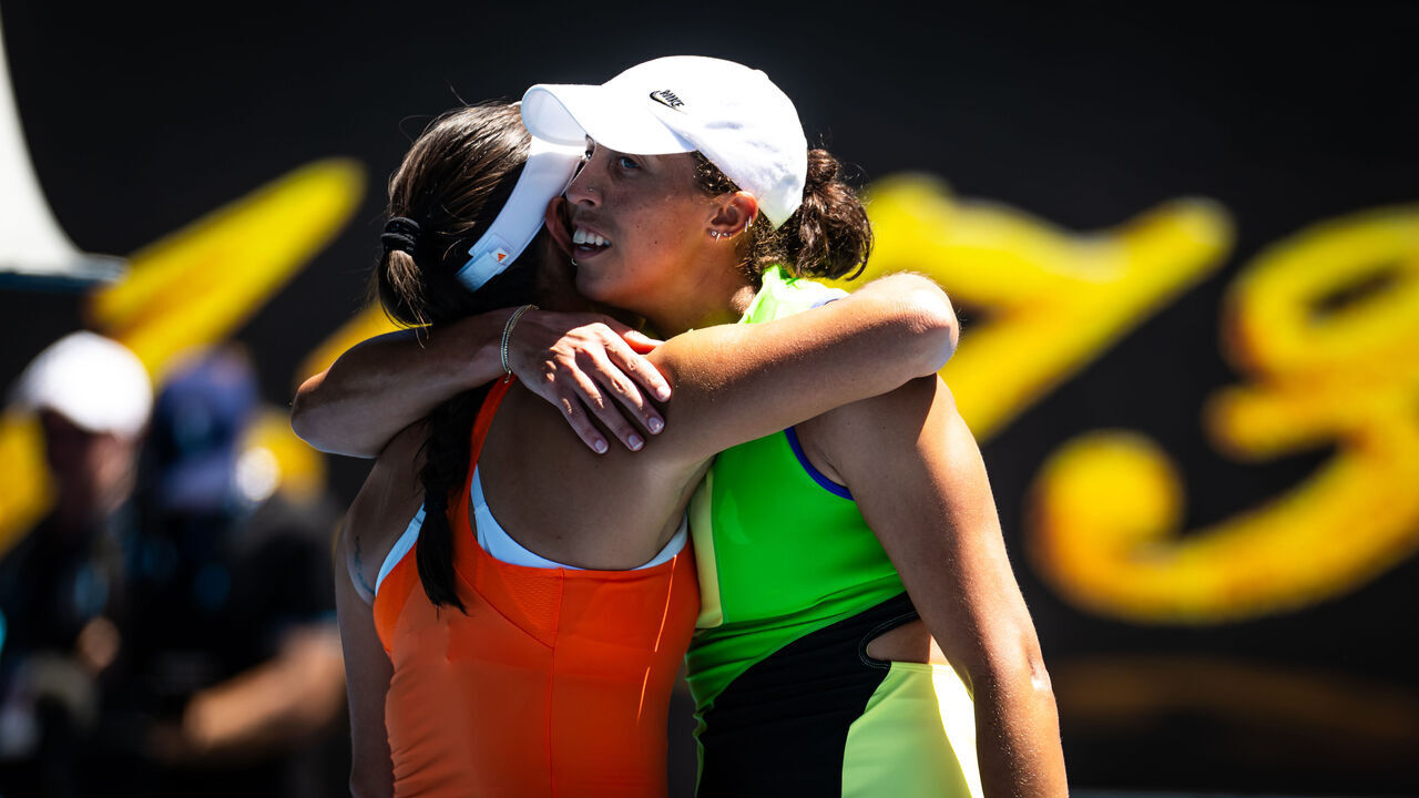 MELBOURNE, AUSTRALIA - JANUARY 26: Madison Keys of the United States and Jessica Pegula of the United States embrace at the net after the fourth round on Day 9 of the 2026 Australian Open at Melbourne Park on January 26, 2026 in Melbourne, Australia