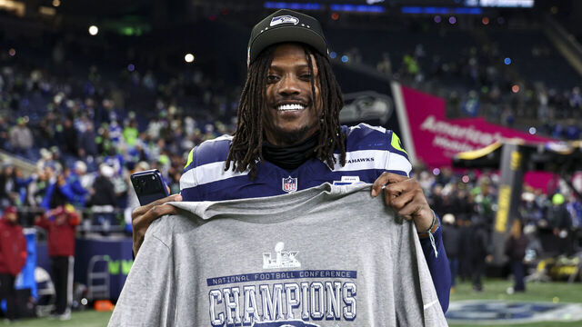 SEATTLE, WASHINGTON - JANUARY 25: Riq Woolen #27 of the Seattle Seahawks celebrates after the NFC Championship NFL football game against the Los Angeles Rams, Sunday, Jan. 25, 2026, in Seattle. The Seattle Seahawks won 31-27 against the Los Angeles Rams.