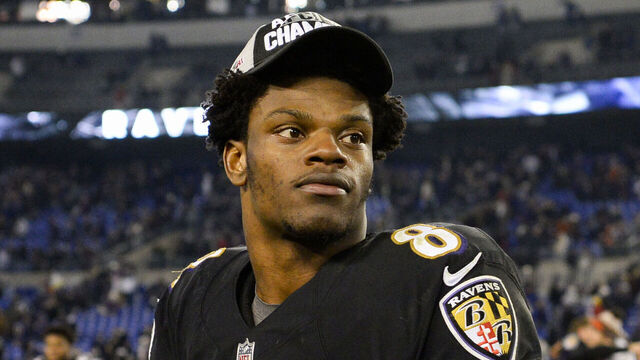 BALTIMORE, MD - DECEMBER 30, 2018: Quarterback Lamar Jackson #8 of the Baltimore Ravens walks off the field after a game against the Cleveland Browns on December 30, 2018 at M&T Bank Stadium in Baltimore, Maryland. Baltimore won 26-24. (Photo by: 2018 Nick Cammett/Diamond Images/Getty Images)