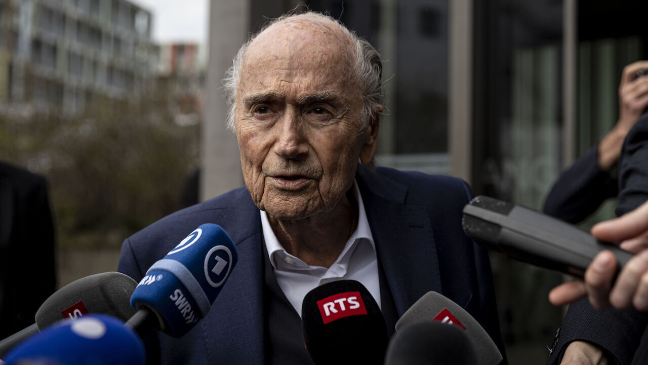 MUTTENZ, SWITZERLAN - MARCH 25: Former FIFA president Sepp Blatter speaks to press after leaving the courthouse with Former UEFA president Michel Platini (not seen) following the verdict of an appeal by Swiss Attorney General's office against former UEFA and FIFA presidents over a suspected fraudulent payment, in Muttenz near Basel, on March 25, 2025. Former FIFA president Sepp Blatter and ex-UEFA chief Michel Platini were acquitted again on March 25, 2025 on appeal by a Swiss court in a long-running corruption case.