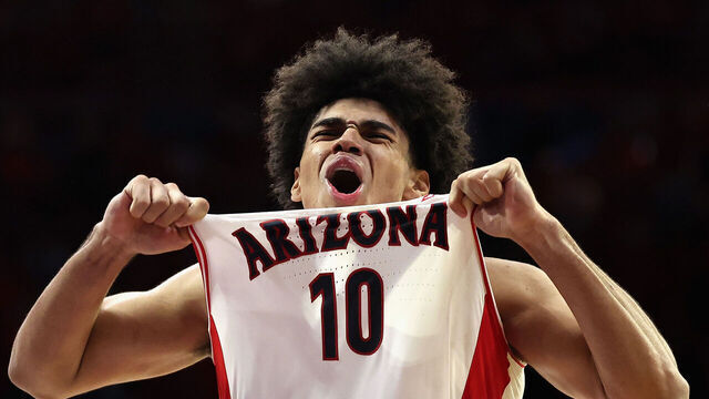 TUCSON, ARIZONA - JANUARY 14: Koa Peat #10 of the Arizona Wildcats celebrates after scoring against the Arizona State Sun Devils during the second half of the NCAAB game at McKale Center on January 14, 2026 in Tucson, Arizona. The Wildcats defeated the Sun Devils 89-82.
