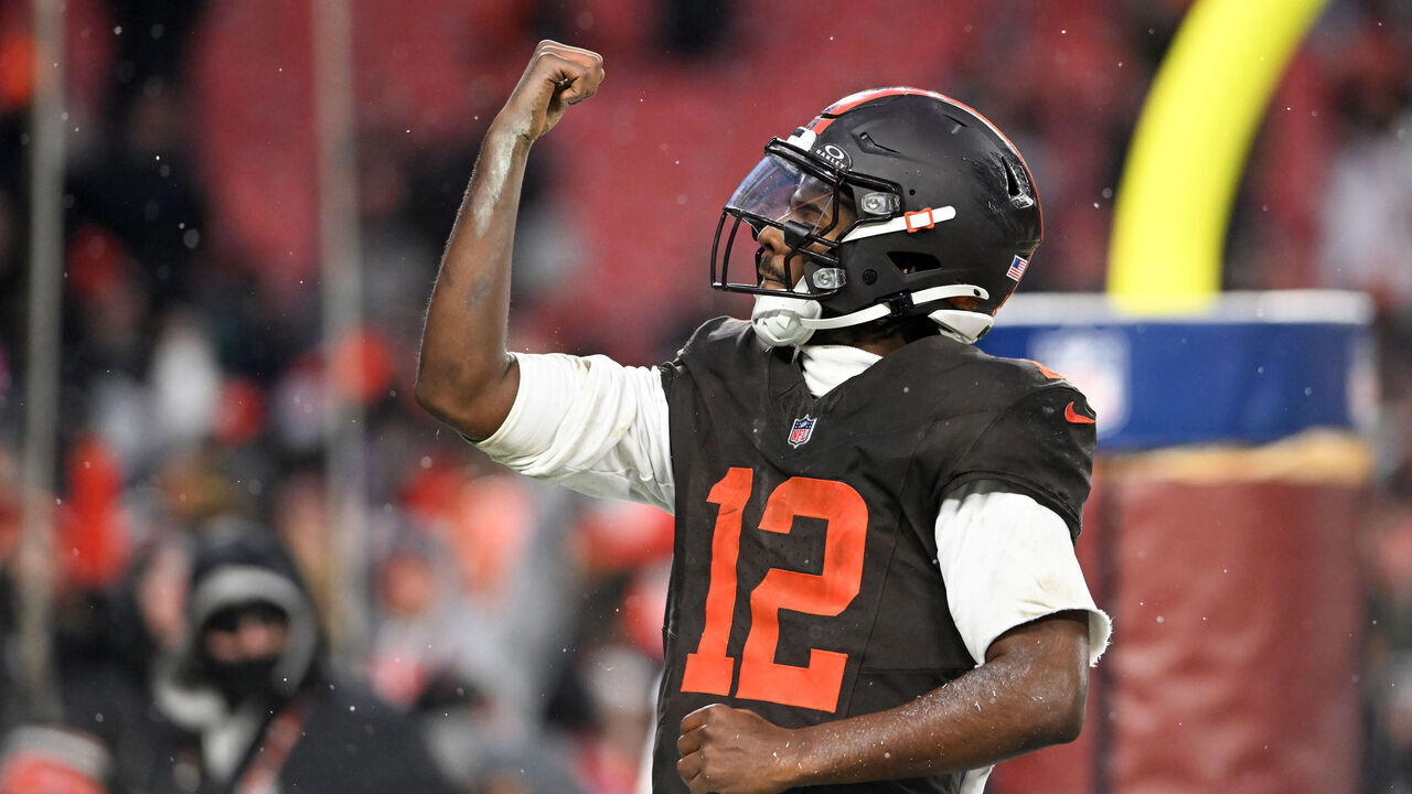 CLEVELAND, OHIO - DECEMBER 07: Shedeur Sanders #12 of the Cleveland Browns celebrates scoring a 7-yard touchdown during the fourth quarter against the Tennessee Titans at Huntington Bank Field on December 07, 2025 in Cleveland, Ohio.