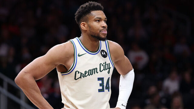 ATLANTA, GEORGIA - JANUARY 19: Giannis Antetokounmpo #34 of the Milwaukee Bucks reacts against the Atlanta Hawks during the fourth quarter at State Farm Arena on January 19, 2026 in Atlanta, Georgia.