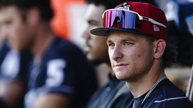HARRISBURG, PA - JUNE 18: Jett Williams #7 of the Binghamton Rumble Ponies looks on during the game between the Binghamton Rumble Ponies and the Harrisburg Senators at FNB Field on Wednesday, June 18, 2025 in Harrisburg, Pennsylvania.