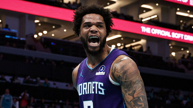 CHARLOTTE, NORTH CAROLINA - JANUARY 26: Miles Bridges #0 of the Charlotte Hornets reacts after dunking the ball during the first half of a basketball game against the Philadelphia 76ers at Spectrum Center on January 26, 2026 in Charlotte, North Carolina.