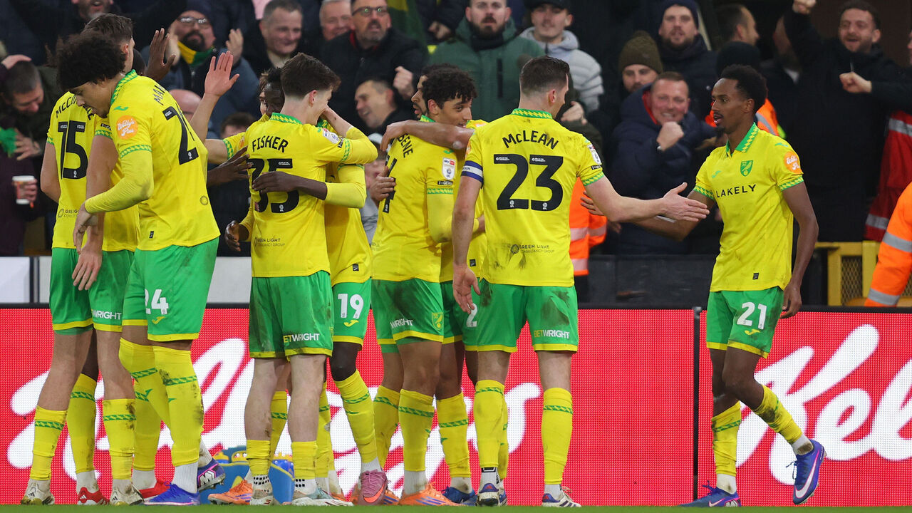 NORWICH, ENGLAND - JANUARY 26: Ali Ahmed of Norwich City celebrates with teammates after scoring a goal to make it 1-2 during the Sky Bet Championship match between Norwich City and Coventry City at Carrow Road on January 26, 2026 in Norwich, England.