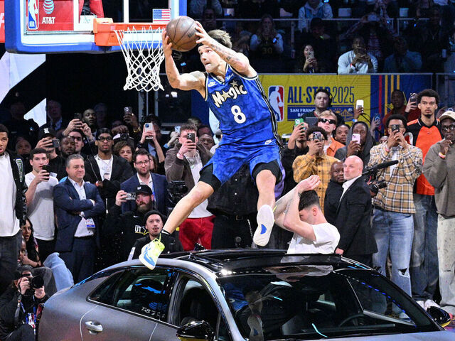SAN FRANCISCO, CA - FEBRUARY 15: (EDITORS NOTE: Dunk Sequence 4 of 6): Mac McClung #8 of the Orlando Magic dunks the ball AT&T Slam Dunk Contest as a part of State Farm All-Star Saturday Night on Saturday, February 15, 2025 at Chase Center in San Francisco, California. NOTE TO USER: User expressly acknowledges and agrees that, by downloading and/or using this Photograph, user is consenting to the terms and conditions of the Getty Images License Agreement. Mandatory Copyright Notice: Copyright 2025 NBAE