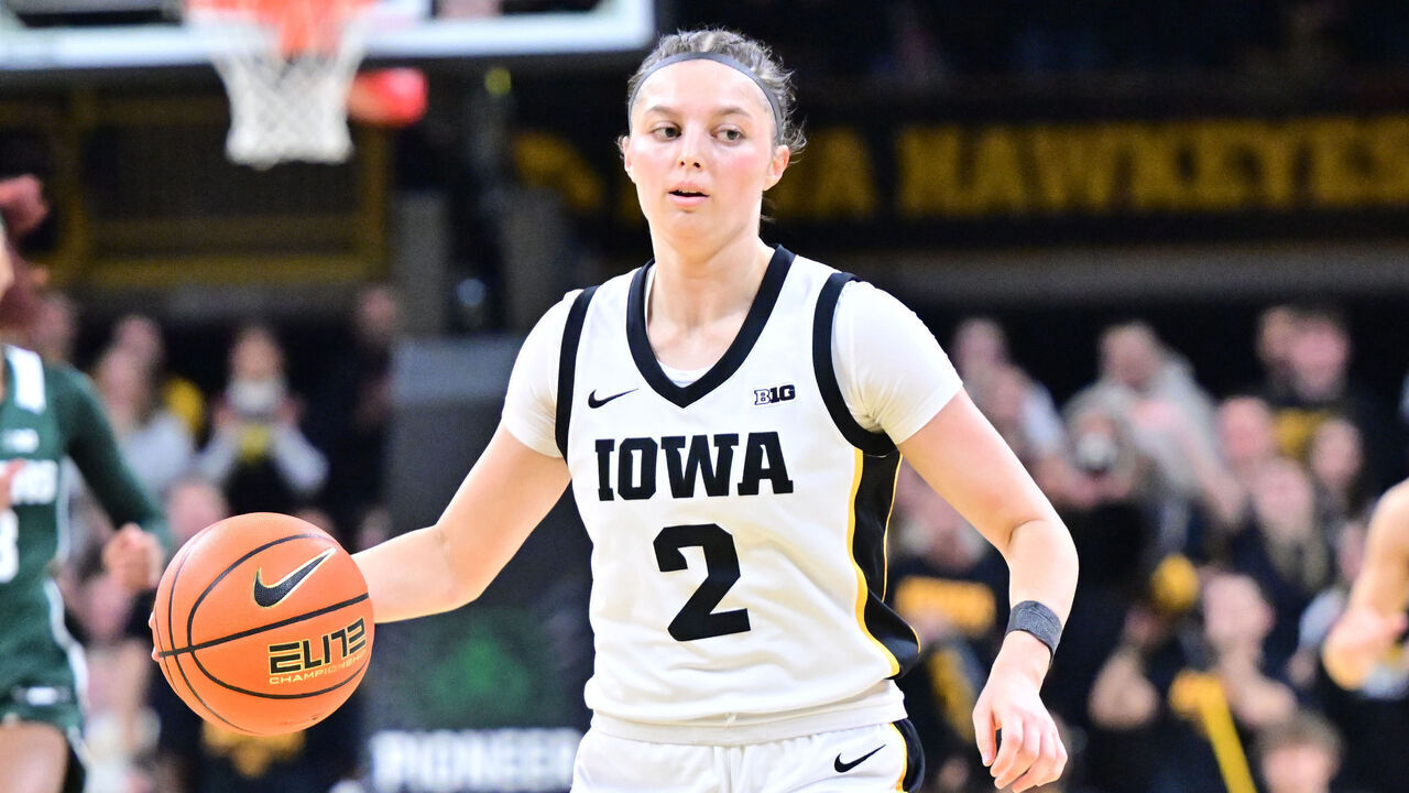 IOWA CITY, IA - JANUARY 18: Iowa guard Taylor McCabe (2) with the ball during a Big Ten Conference women's basketball game between the Michigan State Spartans and the Iowa Hawkeyes, on Jan. 18, 2026, at Carver-Hawkeye Arena in Iowa City, IA.