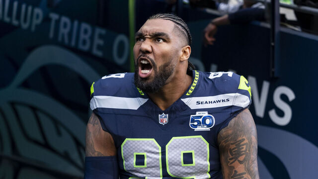 SEATTLE, WASHINGTON - JANUARY 25: Leonard Williams #99 of the Seattle Seahawks reacts prior to an NFC Championship NFL football game against the Los Angeles Rams at Lumen Field on January 25, 2026 in Seattle, Washington.