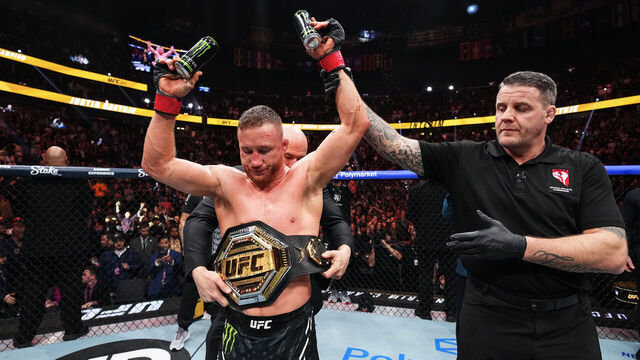 LAS VEGAS, NEVADA - JANUARY 24: Justin Gaethje reacts to his win over Paddy Pimblett of England in the UFC lightweight interim championship bout during the UFC 324 event at T-Mobile Arena on January 24, 2026 in Las Vegas, Nevada.