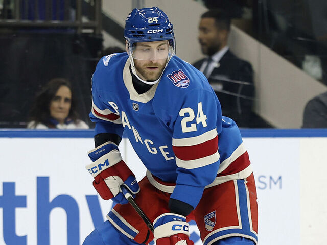 NEW YORK, NEW YORK - JANUARY 08: Carson Soucy #24 of the New York Rangers in action against the Buffalo Sabres at Madison Square Garden on January 08, 2026 in New York City. The Sabres won 5-2.
