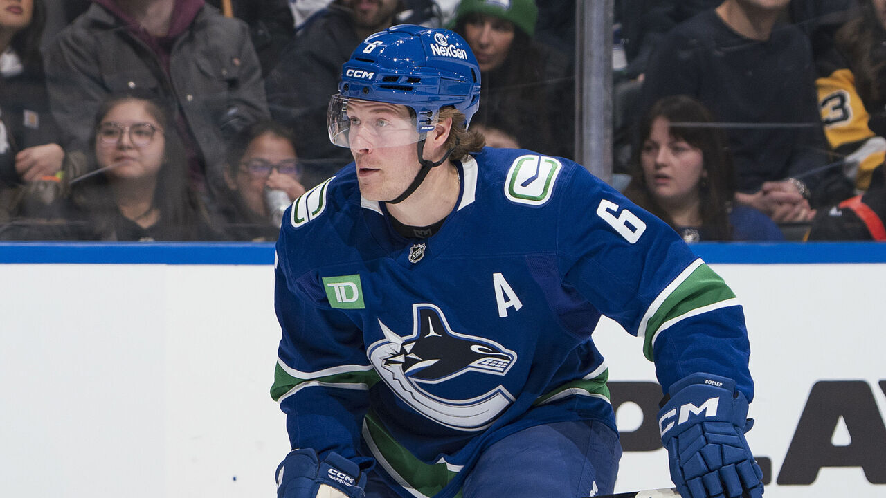 VANCOUVER, CANADA - JANUARY 25: Brock Boeser #6 of the Vancouver Canucks skates up ice during their NHL game against the Pittsburgh Penguins at Rogers Arena on January 25, 2026 in Vancouver, British Columbia, Canada.