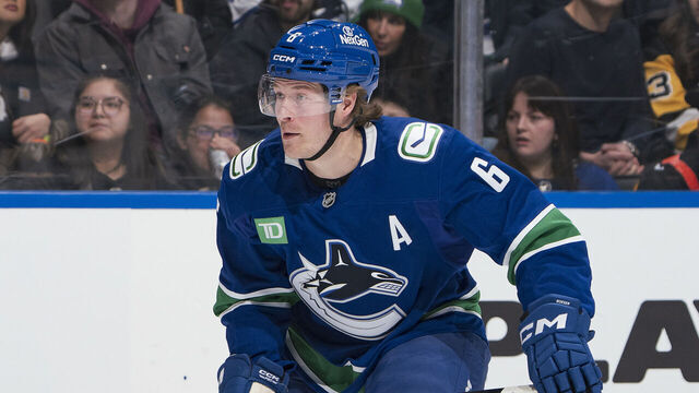 VANCOUVER, CANADA - JANUARY 25: Brock Boeser #6 of the Vancouver Canucks skates up ice during their NHL game against the Pittsburgh Penguins at Rogers Arena on January 25, 2026 in Vancouver, British Columbia, Canada.