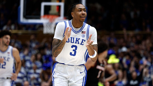 DURHAM, NORTH CAROLINA - JANUARY 26: Isaiah Evans #3 of the Duke Blue Devils reacts following a three-point basket in the first half against the Louisville Cardinals at Cameron Indoor Stadium on January 26, 2026 in Durham, North Carolina.