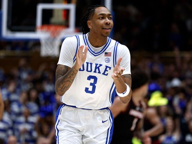 DURHAM, NORTH CAROLINA - JANUARY 26: Isaiah Evans #3 of the Duke Blue Devils reacts following a three-point basket in the first half against the Louisville Cardinals at Cameron Indoor Stadium on January 26, 2026 in Durham, North Carolina.