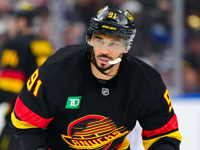 VANCOUVER, CANADA - JANUARY 21: Evander Kane #91 of the Vancouver Canucks skates during the second period of their NHL game against the Washington Capitals at Rogers Arena on January 21, 2026 in Vancouver, British Columbia, Canada.