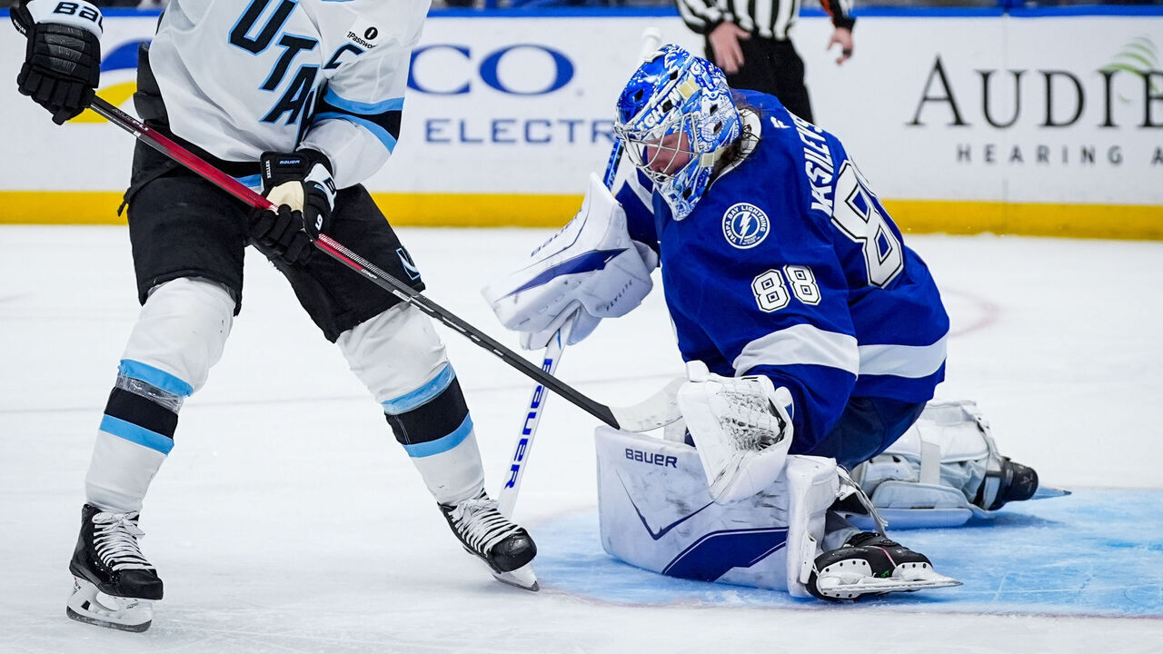 TAMPA, FLORIDA - JANUARY 26: Andrei Vasilevskiy #88 of the Tampa Bay Lightning makes a save during the third period against the Utah Mammoth at Amalie Arena on January 26, 2026 in Tampa, Florida.
