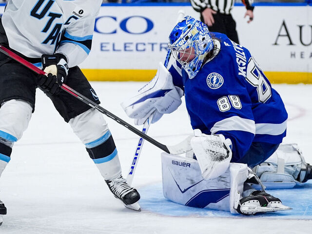 TAMPA, FLORIDA - JANUARY 26: Andrei Vasilevskiy #88 of the Tampa Bay Lightning makes a save during the third period against the Utah Mammoth at Amalie Arena on January 26, 2026 in Tampa, Florida.