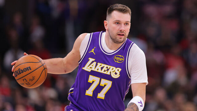 CHICAGO, IL - JANUARY 26: Luka Doncic #77 of the Los Angeles Lakers brings the ball up court during the first half against the Chicago Bulls on January 26, 2026 at the United Center in Chicago, Illinois.