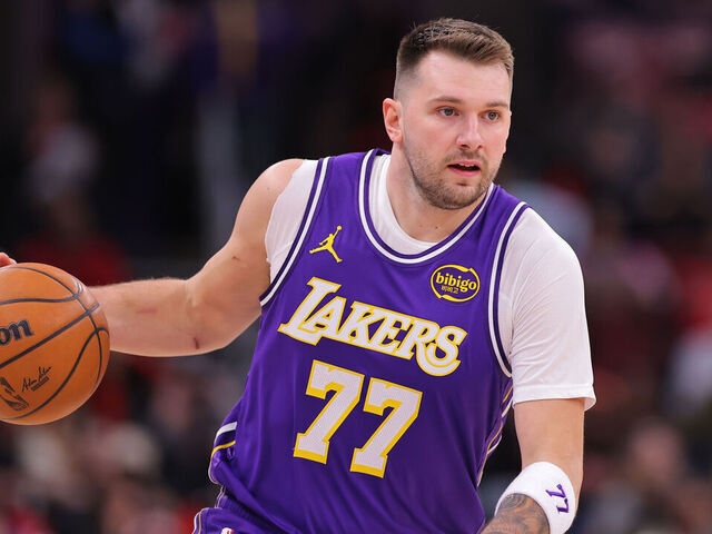 CHICAGO, IL - JANUARY 26: Luka Doncic #77 of the Los Angeles Lakers brings the ball up court during the first half against the Chicago Bulls on January 26, 2026 at the United Center in Chicago, Illinois.