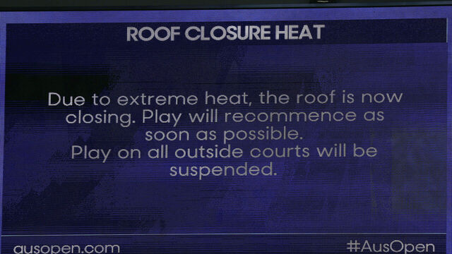 MELBOURNE, AUSTRALIA - JANUARY 24: The monitor displays the message to spectators that roof of the Rod Laver Arena is being closed as the Heat Rule is applied during the Men's Singles Third Round between Eliot Spizzirri of the United States and Jannik Sinner of Italy during day seven of the 2026 Australian Open at Melbourne Park on January 24, 2026 in Melbourne, Australia.
