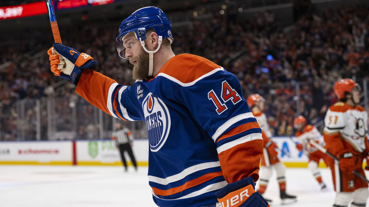 EDMONTON, ALBERTA - JANUARY 26: Mattias Ekholm (14) of the Edmonton Oilers celebrates his goal during the second periodaAnaheim Ducks at Rogers Place on January 26, 2026 in Edmonton, Alberta, Canada.