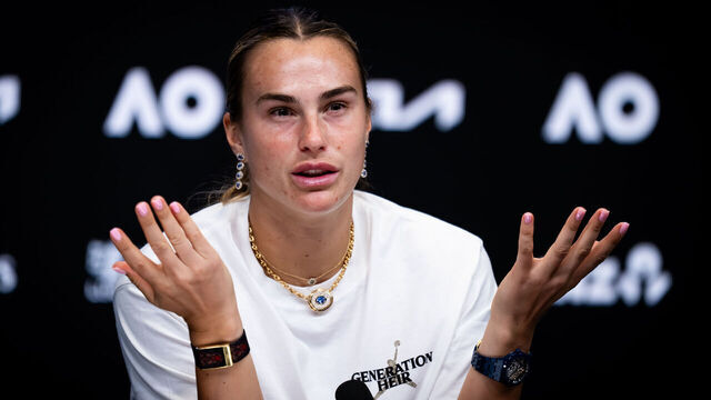 MELBOURNE, AUSTRALIA - JANUARY 27: Aryna Sabalenka talks to the media after defeating Iva Jovic of the United States in the quarter-final on Day 10 of the 2026 Australian Open at Melbourne Park on January 27, 2026 in Melbourne, Australia