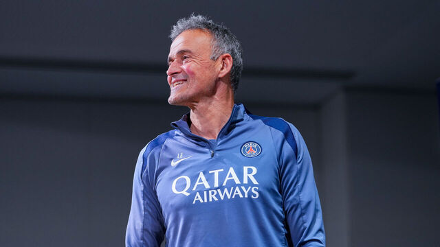 PARIS, FRANCE - JANUARY 27: Luis Enrique, Head coach of PSG reacts during the UEFA Champions League Press Conference at PSG Campus on January 27, 2026 in Paris, France.