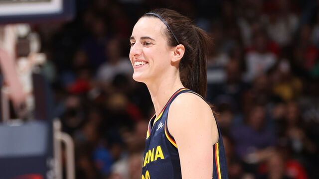 WASHINGTON, D.C. - SEPTEMBER 19: Caitlin Clark #22 of the Indiana Fever smiles during the game against the Washington Mystics on September 19, 2024 at Entertainment and Sports Arena in Washington, D.C. Mandatory Copyright Notice: Copyright 2024 NBAE