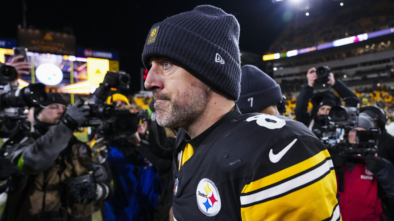 PITTSBURGH, PENNSYLVANIA - JANUARY 12: Aaron Rodgers #8 of the Pittsburgh Steelers looks on from the field after an NFL wild card playoff football game against the Houston Texans at Acrisure Stadium on January 12, 2026 in Pittsburgh, Pennsylvania.