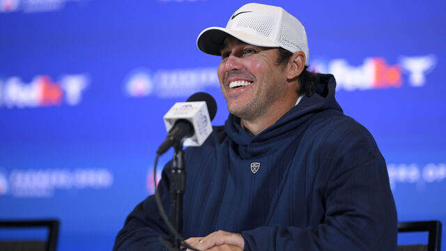 LA JOLLA, CALIFORNIA - JANUARY 27: Brooks Koepka of the United States speaks to the media prior to the Farmers Insurance Open 2026 at Torrey Pines Golf Course on January 27, 2026 in La Jolla, California.