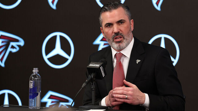 ATLANTA, GEORGIA - JANUARY 27: Kevin Stefanski speaks to the media after being introduced as the head coach of the Atlanta Falcons at Mercedes-Benz Stadium on January 27, 2026 in Atlanta, Georgia.