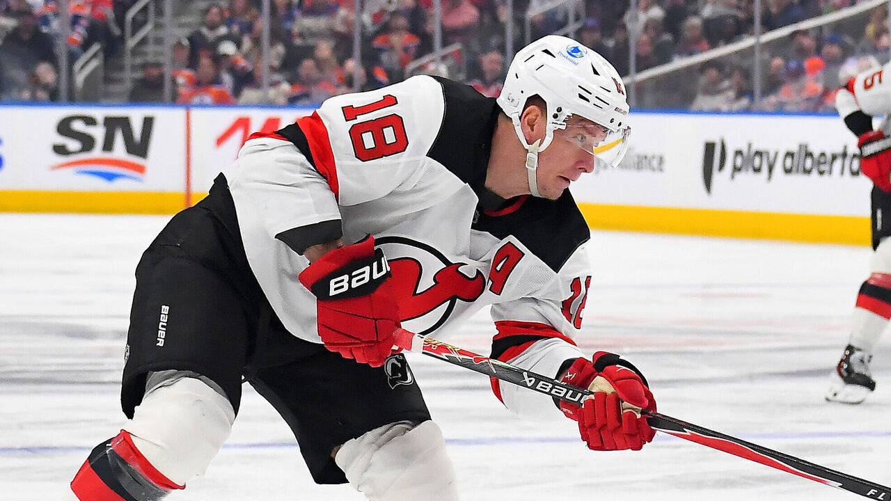 EDMONTON, CANADA - JANUARY 20: Ondrej Palat #18 of the New Jersey Devils takes a shot during the second period of the game against the Edmonton Oilers at Rogers Place on January 20, 2026, in Edmonton, Alberta, Canada.