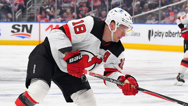 EDMONTON, CANADA - JANUARY 20: Ondrej Palat #18 of the New Jersey Devils takes a shot during the second period of the game against the Edmonton Oilers at Rogers Place on January 20, 2026, in Edmonton, Alberta, Canada.