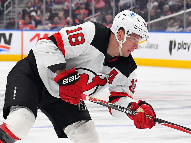 EDMONTON, CANADA - JANUARY 20: Ondrej Palat #18 of the New Jersey Devils takes a shot during the second period of the game against the Edmonton Oilers at Rogers Place on January 20, 2026, in Edmonton, Alberta, Canada.