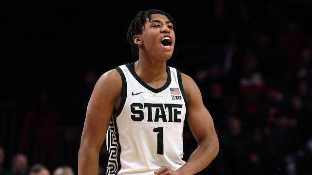 PISCATAWAY, NEW JERSEY - JANUARY 27: Jeremy Fears Jr. #1 of the Michigan State Spartans reacts during overtime against the Rutgers Scarlet Knights at Jersey Mike's Arena on January 27, 2026 in Piscataway, New Jersey. The Michigan State Spartans won 88-79.