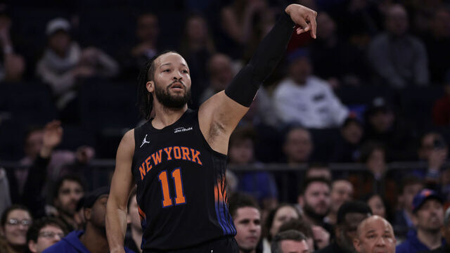 NEW YORK, NEW YORK - JANUARY 27: Jalen Brunson #11 of the New York Knicks reacts after making a basket during the first quarter against the Sacramento Kings at Madison Square Garden on January 27, 2026 in New York City.