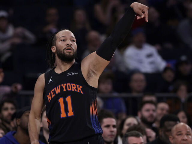 NEW YORK, NEW YORK - JANUARY 27: Jalen Brunson #11 of the New York Knicks reacts after making a basket during the first quarter against the Sacramento Kings at Madison Square Garden on January 27, 2026 in New York City.