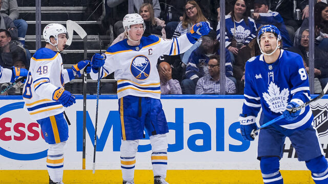 TORONTO, CANADA - JANUARY 27: Rasmus Dahlin #26 of the Buffalo Sabres celebrates with his team after scoring a goal against the Toronto Maple Leafs during the second period at the Scotiabank Arena on January 27, 2026 in Toronto, Ontario, Canada.