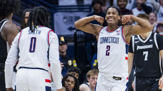 STORRS, CONNECTICUT - JANUARY 27: Silas Demary Jr. #2 of the Connecticut Huskies reacts during the second half of an NCAA men's basketball game against the Providence Friars at Harry A. Gampel Pavilion on January 27, 2026 in Storrs, Connecticut.