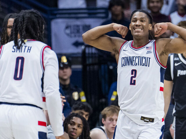 STORRS, CONNECTICUT - JANUARY 27: Silas Demary Jr. #2 of the Connecticut Huskies reacts during the second half of an NCAA men's basketball game against the Providence Friars at Harry A. Gampel Pavilion on January 27, 2026 in Storrs, Connecticut.
