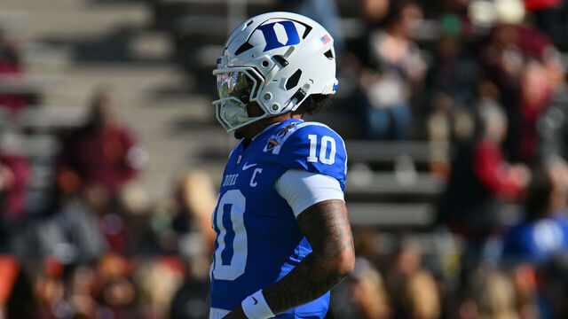 EL PASO, TEXAS - DECEMBER 31: Quarterback Darian Mensah #10 of the Duke Blue Devils warms up before the Tony The Tiger Sun Bowl game against the Arizona State Sun Devils at Sun Bowl Stadium on December 31, 2025 in El Paso, Texas. The Blue Devils defeated the Sun Devils 42-39.