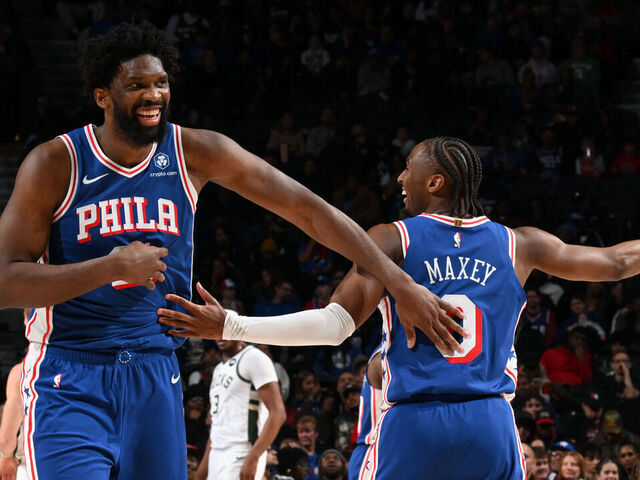 PHILADELPHIA, PA - JANUARY 27: Tyrese Maxey #0 and Joel Embiid #21 of the Philadelphia 76ers smiles during the game against the Milwaukee Bucks on January 27, 2026 at the Wells Fargo Center in Philadelphia, Pennsylvania NOTE TO USER: User expressly acknowledges and agrees that, by downloading and/or using this Photograph, user is consenting to the terms and conditions of the Getty Images License Agreement. Mandatory Copyright Notice: Copyright 2026 NBAE