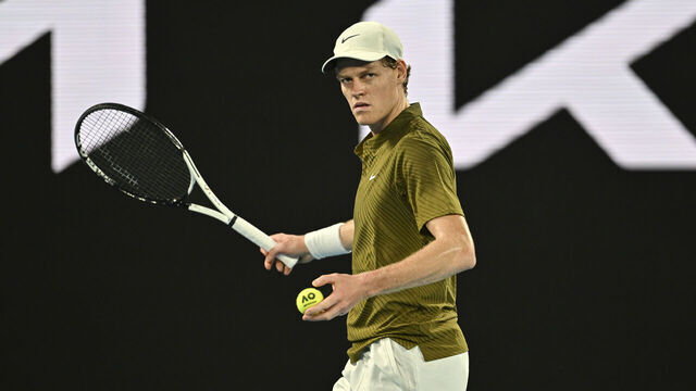 MELBOURNE, AUSTRALIA - JANUARY 28: Jannik Sinner (ITA) in action against Ben Shelton (USA) (not seen) during the Quarterfinals at the Australian Open grand slam tennis tournament at Melbourne Park in Melbourne, Australia on January 28, 2026